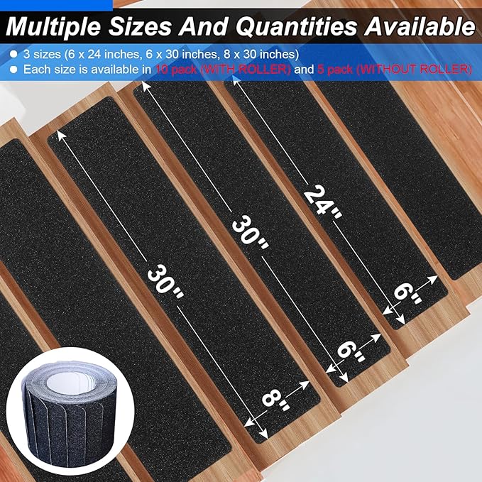 SMILOOL Outdoor Stair Treads Non-Slip Step Strips for Wooden Steps 10 Pack 6” x 24” Anti Slip Grip Tape Precut for Outside Stairs, Non Skid Stair Tread Mats Weather Resistant for Outdoors, Black