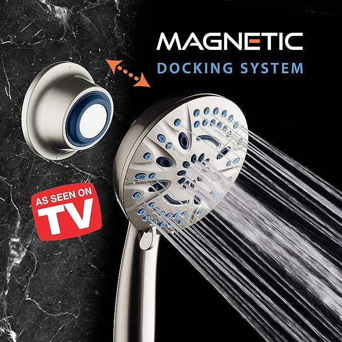 AquaCare Magneton High-Pressure 8-mode Handheld Shower Head with Magnetic Guidance Docking System - 2 Magnetic Brackets, 5 inch Face, Hygienic Jets, 6 ft. Stainless Steel Hose - All Nickel Finish