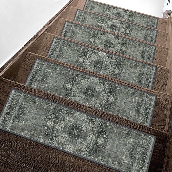 Non Slip Stair Treads for Wooden Steps 15PCS - 8"x30" Indoor Safety Carpet, Edging Mats with TPE Adhesive Backing, Pet and Elderly Friendly Stair Rugs (Charcoal Gray)