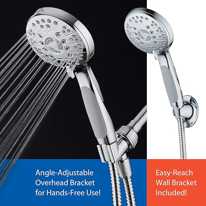 for California - High Pressure 6-setting Luxury Handheld Showerhead, Extra Long 6 Ft Stainless Steel Hose, Anti Clog Jets, Anti Slip Grip, Top US Brand, Extra Wall Bracket - Chrome Finish