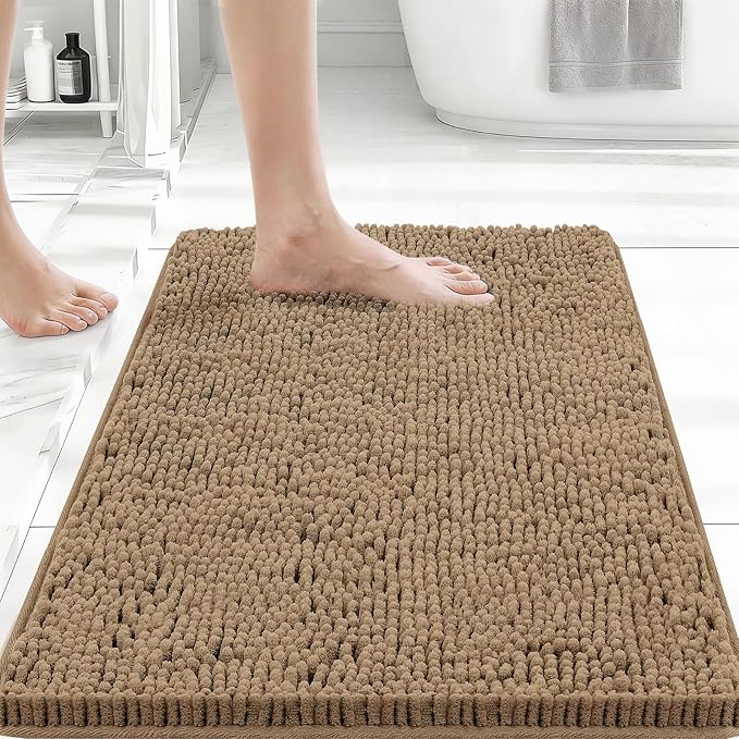 Bcoimo 24x17 Chenille Bath Mat – Non-Slip with Backing Bath Rug Ultra-Absorbent and Machine Washable Bathroom Mat Quick-Dry Design. Ideal for Bathroom Rugs and Tub Areas