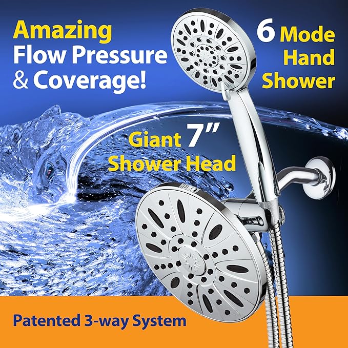 AquaDance for California - 7" Premium High Pressure 3-Way Rainfall Combo for Best of Both Worlds - Enjoy Luxury 6-Setting Rain Showerhead and Hand Held Shower Separately or Together - Chrome Finish
