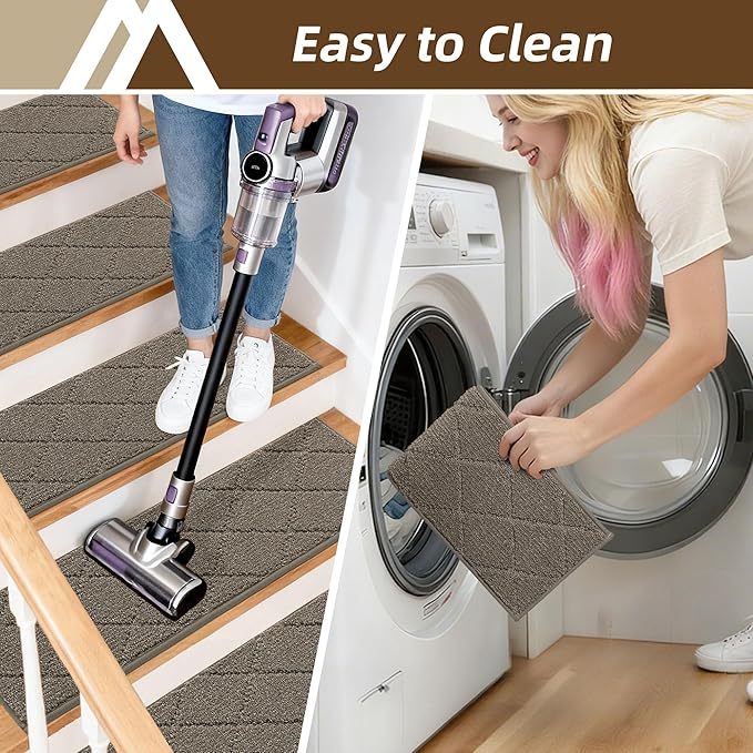 COSY HOMEER Stair Treads for Wooden Steps 9"x28" Washable Indoor Carpet Stair Treads Non Slip Soft Polyester Stair Carpet Tread Reusable Stair Runner Rugs for Kids, Elders,Pets,Light Brown,15pcs