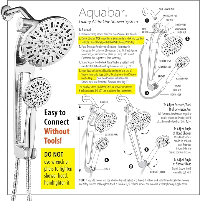 AquaDance High-Pressure 48-Mode 3-Way Shower Spa Combo with Adjustable 18-Inch Extension Arm, Brushed Nickel