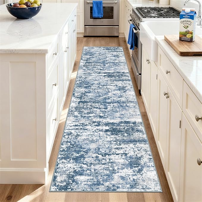 Runners for Hallways Ultra Non-Slip 2x8 Washable Kitchen Rug Abstract Tear and Stain Resistance No Pile Hand-Woven Style Lightweight Runners for Entryway, Laundry Room, Bedside, Blue