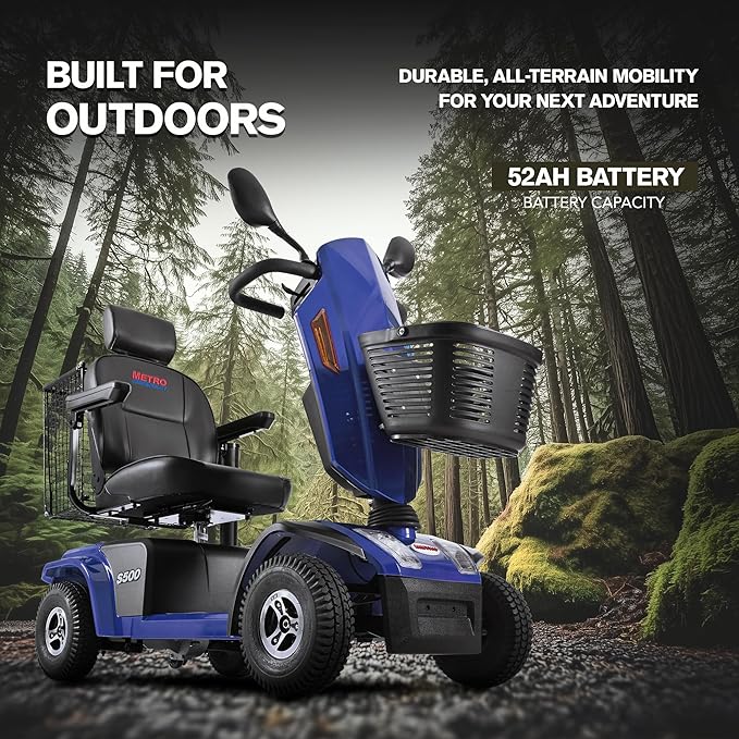 S500 4-Wheel Electric Mobility Scooter, Long-Range 52Ah Battery Up to 25 Miles, 500W Heavy-Duty Motor, 10” Pneumatic Tires, Adjustable Captain Seat, Storage Baskets for Seniors, Blue