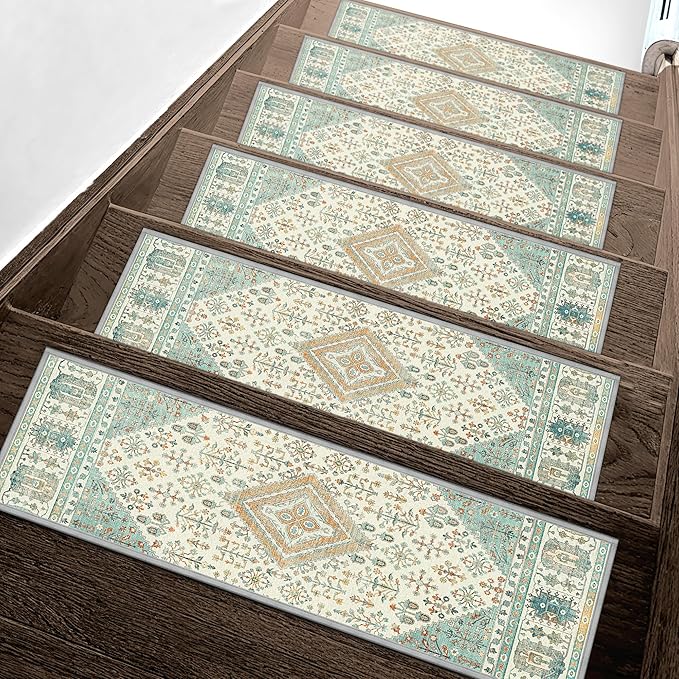 sarben Non Slip Stair Treads for Wooden Steps 15PCS - 8"x30" Indoor Safety Carpet, Edging Mats with TPE Adhesive Backing, Pet and Elderly Friendly Stair Rugs (Green&Ivory)