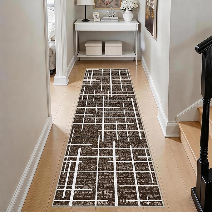 Non Slip Hallway Runner Rug 2x8,Modern Distressed Stripe, Washable Long Rug, Woven Thin Low Pile Carpet Runners for Hallway 10ft Entryway, Kitchen, Walkway- Brown