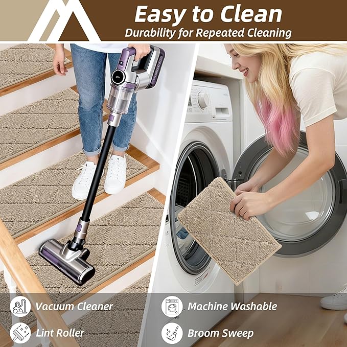 COSY HOMEER Edging Stair Treads Non-Slip Carpet Mat 28inX9in Indoor Stair Runners for Wooden Steps, Edging Stair Rugs for Kids and Dogs, 100% Polyester TPE Backing(4pc, Beige)