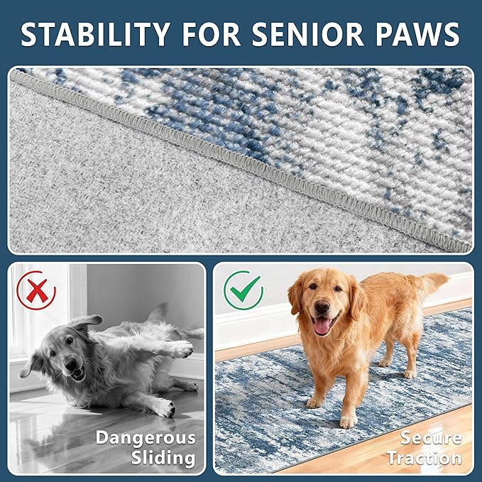 Non Slip Floor Runners for Dogs 2.6x8 Washable Runner Rug Abstract, Joint Support for Senior Dogs, Woven, Extra Grip Traction Runners for Hallway,Kitchen, Entryway,Blue