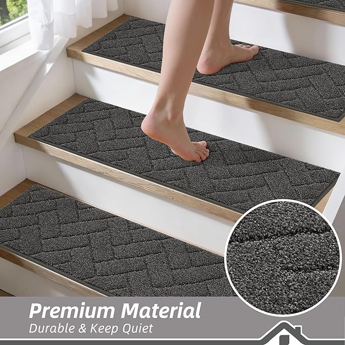 BEQHAUSE Edging Stair Treads for Wooden Steps 9" x 28", Non Slip Carpet Stair Treads Indoor Stair Runners, Soft Stair Rugs, Machine Washable, 100% Polyester, TPE Backing, 4pcs, Charcoal