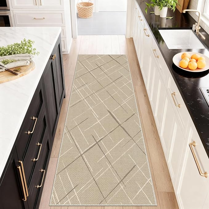 Modern Line Washable Runner Rug 2x6, Beige Non-Slip Hallway Rug, Woven Non-Shedding Thin Runners for Entryway, Kitchen, Laundry Room