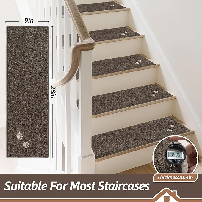 BEQHAUSE Stair Treads for Wooden Steps 28inX9in, Non Slip Carpet Stair Treads Indoor Stair Runners Machine Washable, Soft Stair Rugs Mat Surface Polyester TPE Backing, 15pcs, Brown
