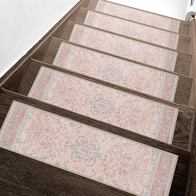 Non Slip Stair Treads for Wooden Steps 15PCS - 8"x30" Indoor Safety Carpet, Edging Mats with TPE Adhesive Backing, Pet and Elderly Friendly Stair Rugs (Light Pink Blue)