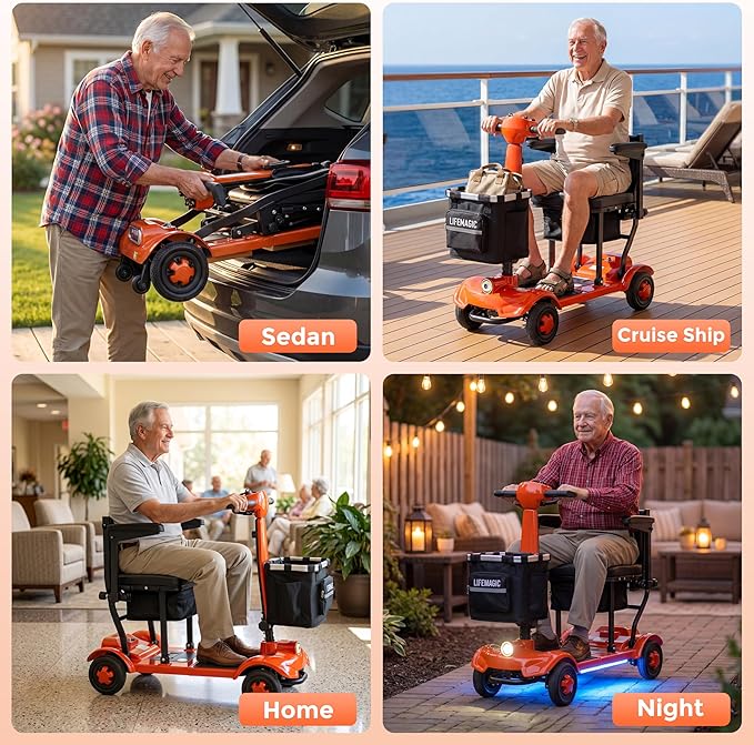 LIFEMAGIC Electric Mobility Scooter 24 Mile Long Range, 42lb Ultra Lightweight Folding Electric Scooter for Seniors, Travel-Friendly with Removable Basket, Cruise & Airline Approved