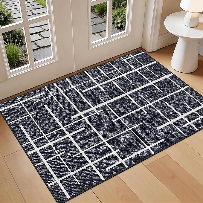 3x5 Washable Rug, Modern Distressed Stripe, Small Area Rug Non Slip, Woven Thin No Shed Office Chair Friendly Runners for Entryway, Kitchen, Home Office, Studio - Midnight Black