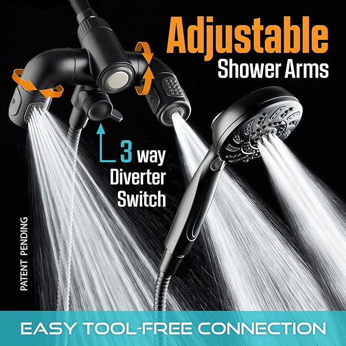 Aquadance High Pressure 156 Setting 14 Zone Shower Head & Handheld 3-way Combo System - Magnetic Docking, 314 Power Jets, Dual Adjustable Arms, 6 ft. Metal Hose, Matte Black Finish, Top American Brand