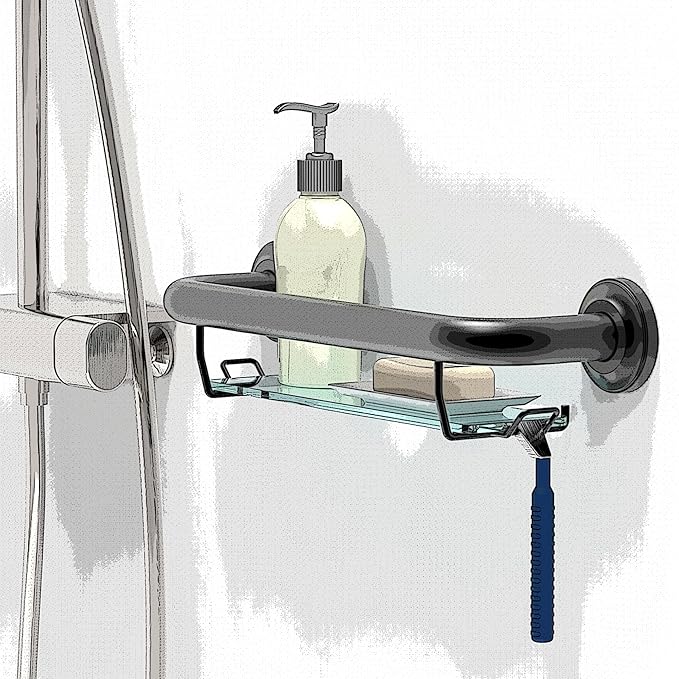 ADA Compliant Grab Bar with Glass Shelf for Shower Wall and Bathtubs, 500lbs Weight Support, 1-1/4 x 16 inch for Stud Mount, Matte Black