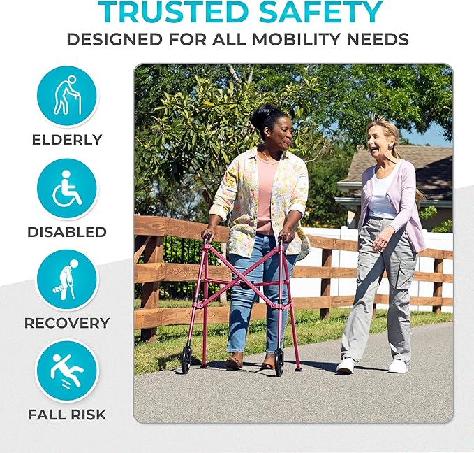 Stander Space Saver Walker, Lightweight Folding Rolling Mobility Aid for Seniors & Adults, Compact 2-Wheel Disability Device with 6-inch Wheels & Ski Glides for Walking Support, Regal Rose