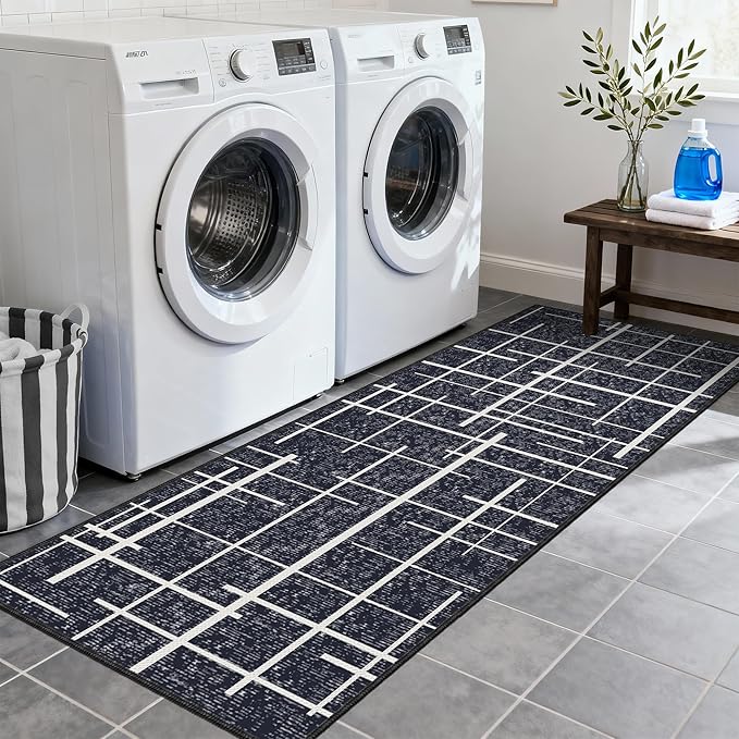 Washable Runner Rug 2x6, Modern Distressed Stripe, Kitchen Runner Rug Non Slip, Woven Thin No Shed Carpet Runners for Entryway, Kitchen, Laundry Room- Midnight Black