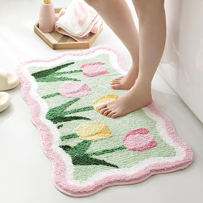 TRUEDAYS Cute Floral Bath Mat – Ultra Soft Non Slip Bathroom Rug, Absorbent Flower Carpet for Tub or Shower, Tulips Bath Mat for Kids, Girls, Home Decor, 32''x20''