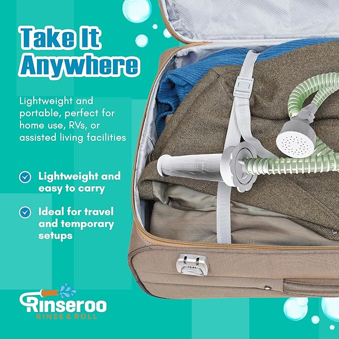 Rinseroo: Slip-On Handheld Shower Attachment Hose w/Spray Head-for Seated Bathing. Converts Fixed Shower Head into Handheld Bather. Portable, No-Install Shower Hose Wand for Seniors, RV. Gravity fed.