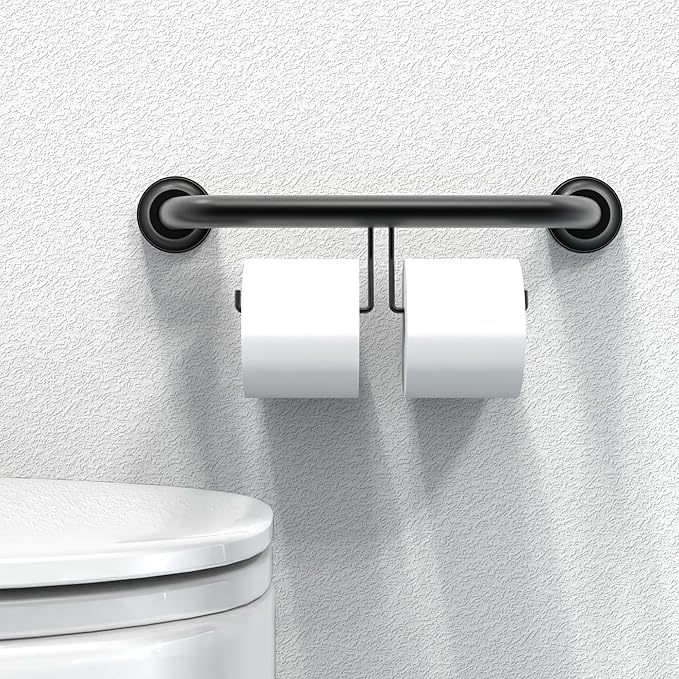 ADA Compliant Grab Bar with Toilet Paper Holder (2 Mega Rolls), 500lbs Weight Support, 1-1/4 x 16 inch for Stud Mount, Matte Black