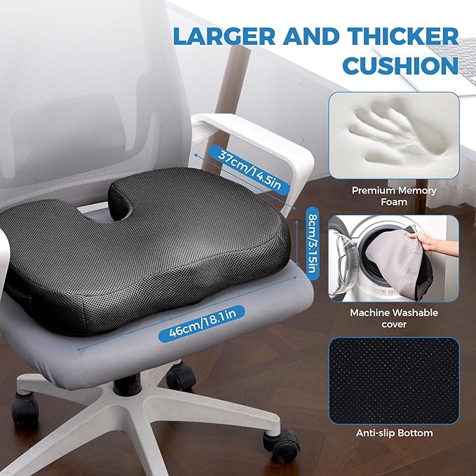 Extra Large Memory Foam Seat Cushions for Office Chairs, Car, Airplane, Wheelchair– Relieves Lumbar, Orthopedic, Sciatic, Coccyx and Back Pain – Comfortable Non-Slip – Bonus Carry Bag Included (Black)