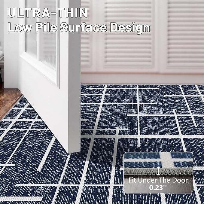 Non Slip Hallway Runner Rug 2x8,Modern Distressed Stripe, Washable Long Rug, Woven Thin Low Pile Carpet Runners for Hallway 10ft Entryway, Kitchen, Walkway- Blue