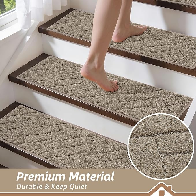 BEQHAUSE Edging Stair Treads for Wooden Steps 9" x 28", Non Slip Carpet Stair Treads Indoor Stair Runners, Soft Stair Rugs, Machine Washable, 100% Polyester, TPE Backing, 4pcs, Beige