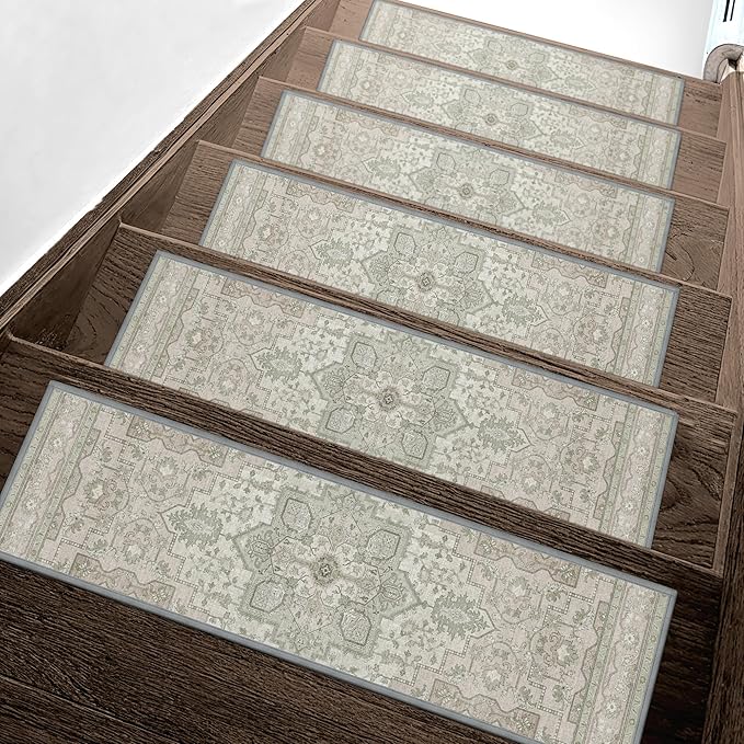 sarben Non Slip Stair Treads for Wooden Steps 15PCS - 8"x30" Indoor Safety Carpet, Edging Mats with TPE Adhesive Backing, Pet and Elderly Friendly Stair Rugs (Sage&Green)