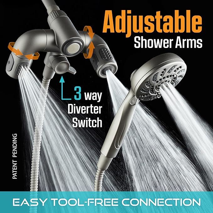 Aquadance High Pressure 156 Setting 14 Zone Shower Head & Handheld 3-way Combo System - Magnetic Docking, 314 Power Jets, Dual Adjustable Arms, 6 ft. Metal Hose, Graphite Finish, Top American Brand