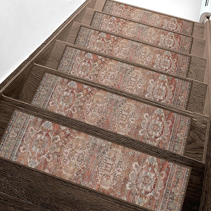 Non Slip Stair Treads for Wooden Steps 15PCS - 8"x30" Indoor Safety Carpet, Edging Mats with TPE Adhesive Backing, Pet and Elderly Friendly Stair Rugs (Brick)