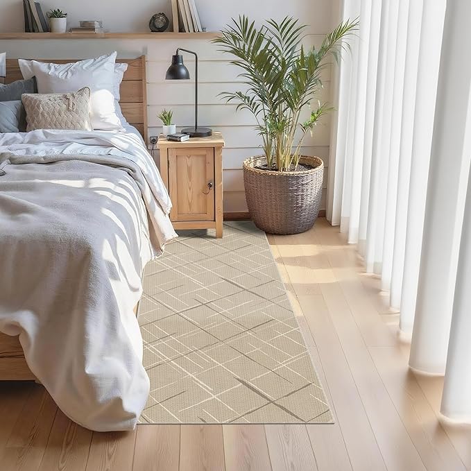 Beige Runner Rug Ultra Non-Slip 2x8 Washable Entryway Rug Modern Tear and Stain Resistance No Pile Hand-Woven Style Lightweight Runners for Hallways, Kitchen, Laundry Room, Bedside, Beige