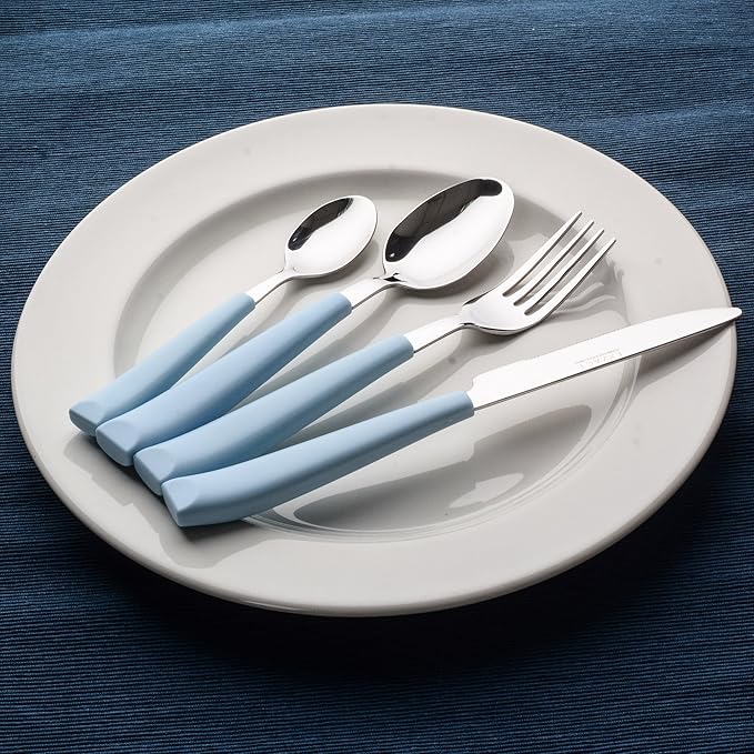 EXZACT 16-Piece Flatware Set for 4 – Colored Stainless Steel Cutlery with Wide Plastic Handles – Comfortable Tableware: Forks, Knives, Spoons, Teaspoons