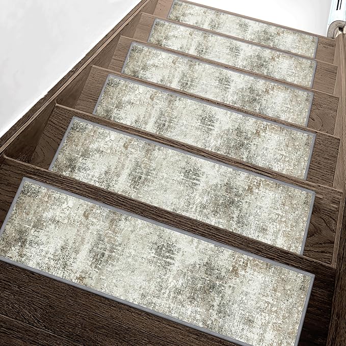 sarben Carpet Stair Treads Non Slip 15PCS, 8" X 30" Edging Stair Runner for Wooden Steps Indoor, Resistant Stair Rugs with Reusable TPE Adhesive Backing, Residue Mat for Elders, Pets, Ashstone/Grey