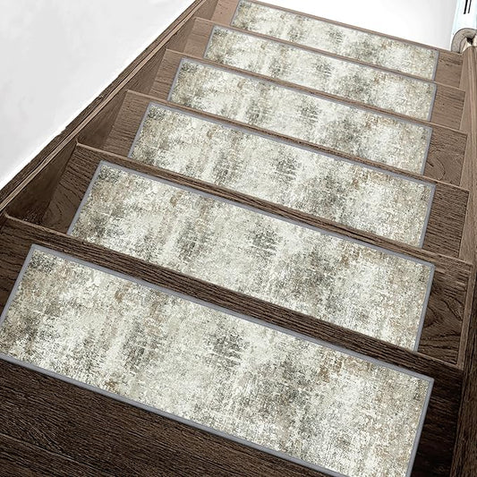 sarben Carpet Stair Treads Non Slip 15PCS, 8" X 30" Edging Stair Runner for Wooden Steps Indoor, Resistant Stair Rugs with Reusable TPE Adhesive Backing, Residue Mat for Elders, Pets, Ashstone/Grey
