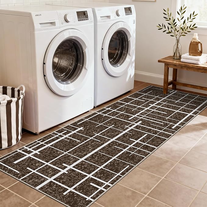 Washable Runner Rug 2x6, Brown Modern Distressed Stripe, Hallway Runner Rug Non Slip, Woven Thin No Shed Runners for Entryway, Kitchen, Laundry Room- Brown