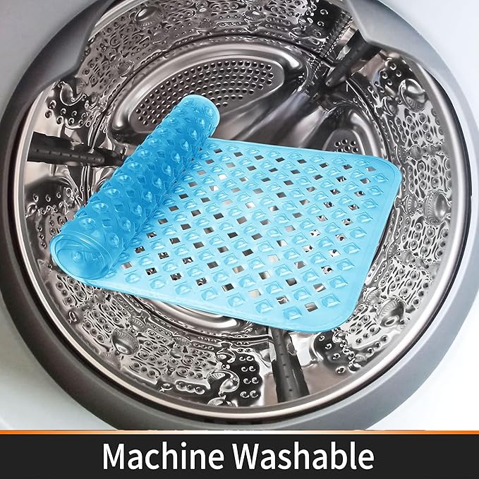 Yimobra Square Shower Mat Non Slip, Super Strong Suction Cups, 21"x21" Bath Tub Mat with Drain Holes, Machine Washable Fast Draining Bath Mats, Bathroom Essentials,Clear Blue