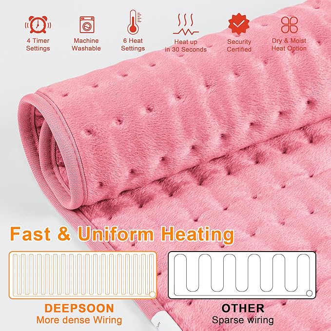Deepsoon Heating Pad,Electric Heating Pads for Back,Neck,Moist Heating Pad for Abdomen Shoulder Knee Legs,Dry/Moist Heat&Auto Shut Off,Mother's Day Birthday for Men and Women,BabyPink,24x12 Inch