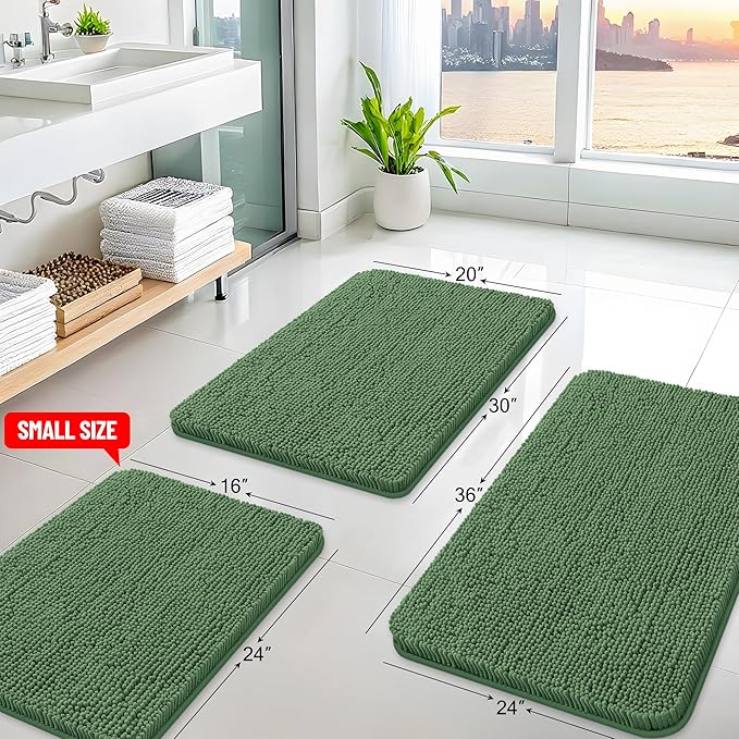 Arotive Bathroom Rugs 24x16, Extra Soft Absorbent Shaggy Chenille Bath Rugs, Machine Washable Rubber Backing Non-Slip Bath Mats for Bathroom Floor Tub and Shower, Home Decor Accessories, Olive Green
