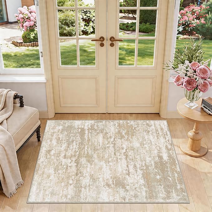 3x5 Area Rug Washable Entryway Rug Non Slip Abstract Tear and Stain Resistance No Pile Lightweight Throw Rugs Carpet for Kitchen, Entrance, Foyer, Bedside, Mudroom, Beige/Yellow