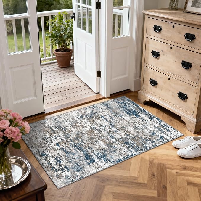 3x5 Area Rug Washable Entryway Rug Non Slip Abstract Tear and Stain Resistance No Pile Lightweight Throw Rugs Carpet for Kitchen, Entrance, Foyer, Bedside, Mudroom, Multi