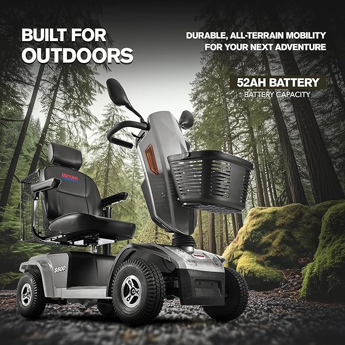 S500 4-Wheel Electric Mobility Scooter, Long-Range 52Ah Battery Up to 25 Miles, 500W Heavy-Duty Motor, 10” Pneumatic Tires, Adjustable Captain Seat, Storage Baskets for Seniors, Grey