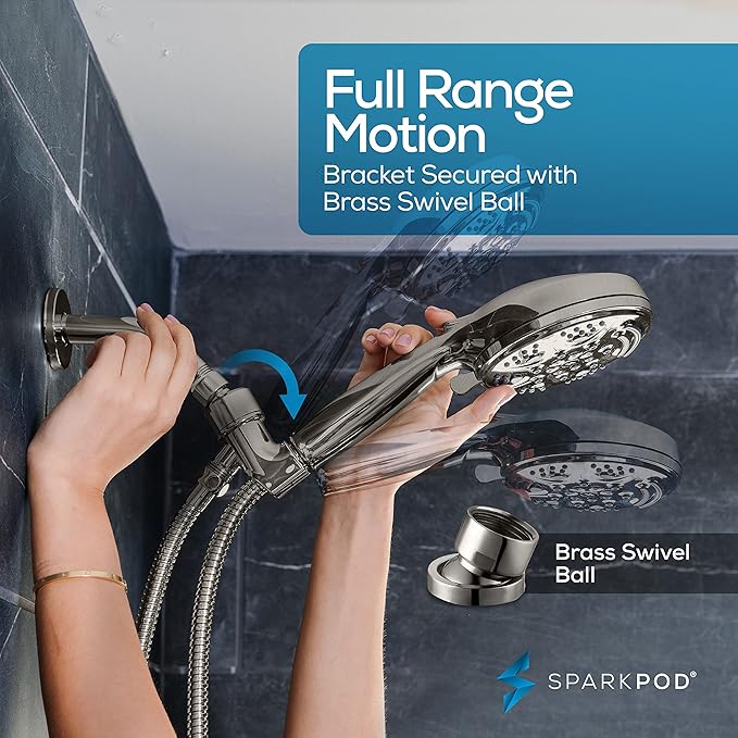 SparkPod 5 Inch Handheld Brushed Nickel Shower Head - 9 Spray Settings With On/Off Switch - Pulsating Rain Mode - Feeling Of An Oasis - Auto-Resets After Every Use - Resort Quality - Durable