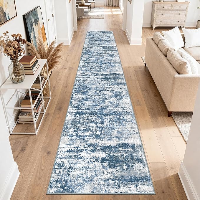 Non Slip Floor Runners for Dogs 2.6x14 Washable Runner Rug Abstract, Joint Support for Senior Dogs, Woven, Extra Grip Traction Runners for Hallway, Entryway, Walkway- Blue