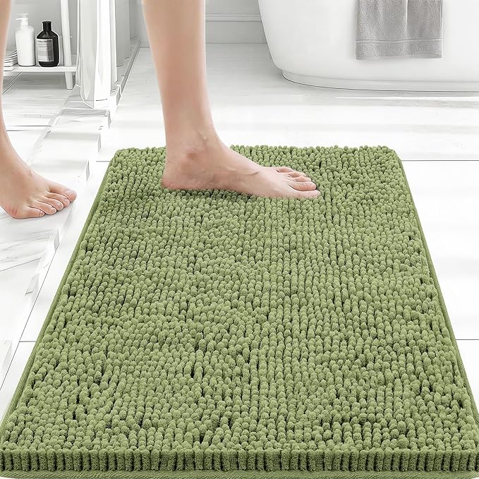Bcoimo 24x17 Chenille Bath Mat – Non-Slip with Backing Bath Rug Ultra-Absorbent and Machine Washable Bathroom Mat Quick-Dry Design. Ideal for Bathroom Shower and Tub Areas