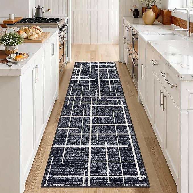 Modern Kitchen Runner Rug Non Slip 2.6x8, Washable Distressed Stripe, Hallway Runner, Woven Thin Low Pile Carpet Runners for Hallway 8ft Entryway, Kitchen, Walkway- Midnight Black