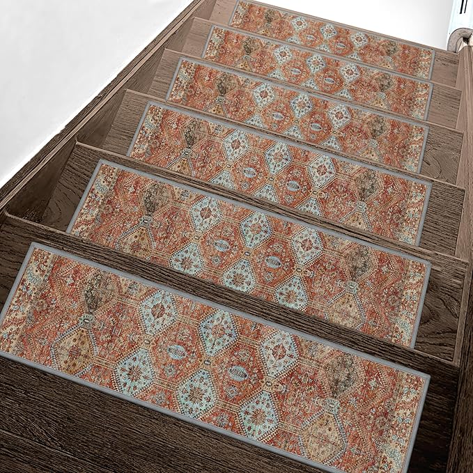 sarben Non Slip Stair Treads for Wooden Steps 15PCS - 8"x30" Indoor Safety Carpet, Edging Mats with TPE Adhesive Backing, Pet and Elderly Friendly Stair Rugs (Rust)