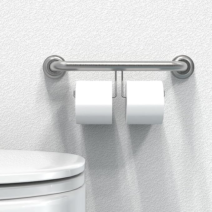 ADA Compliant Grab Bar with Toilet Paper Holder (2 Mega Rolls), 500lbs Weight Support, 1-1/4 x 16 inch for Stud Mount, Brushed Nickel